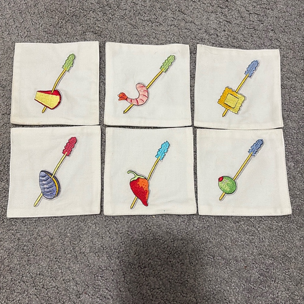 Set of Six Cotton Embroidered Tidbits Cocktail Napkins Crate & Barrel